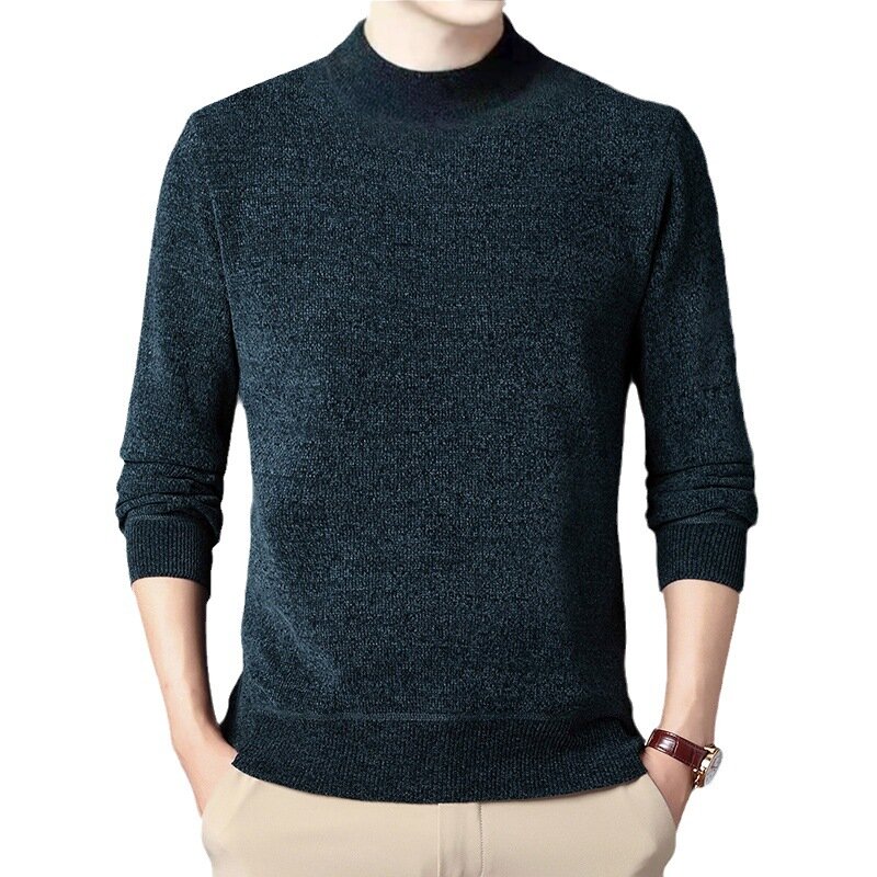 Autumn Winter Men's Korean Fashion Plush Thick Warm Sweater Solid Round Neck Long Sleeve Knitted Sweaters Men Pullovers