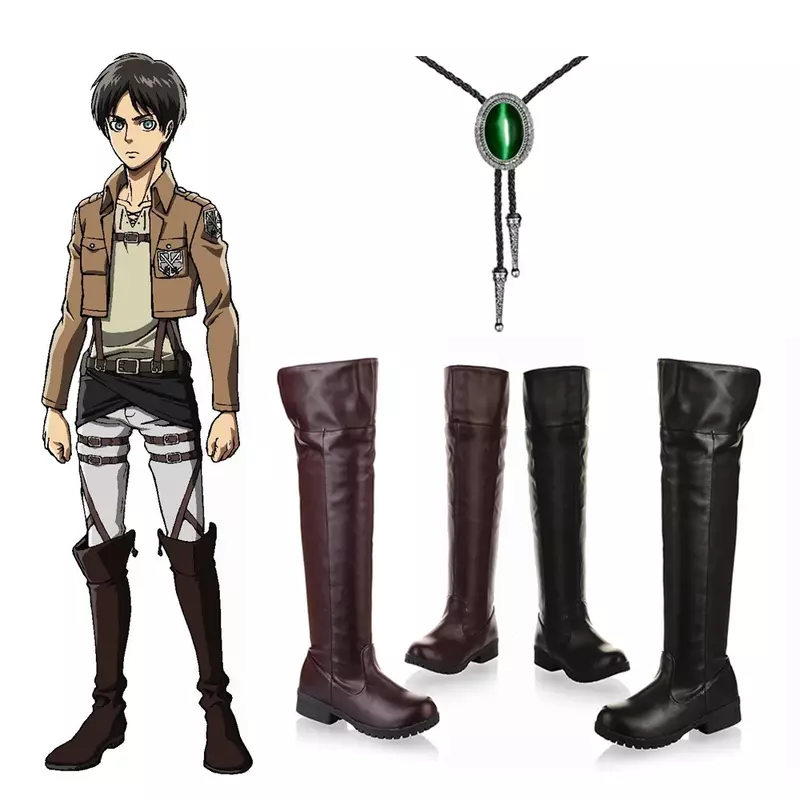 Anime Attack on Titan Boots Bolo Tie collana Shingeki no Kyojin scarpe Eren Jaeger stivali lunghi Costume Cosplay carnevale di Halloween