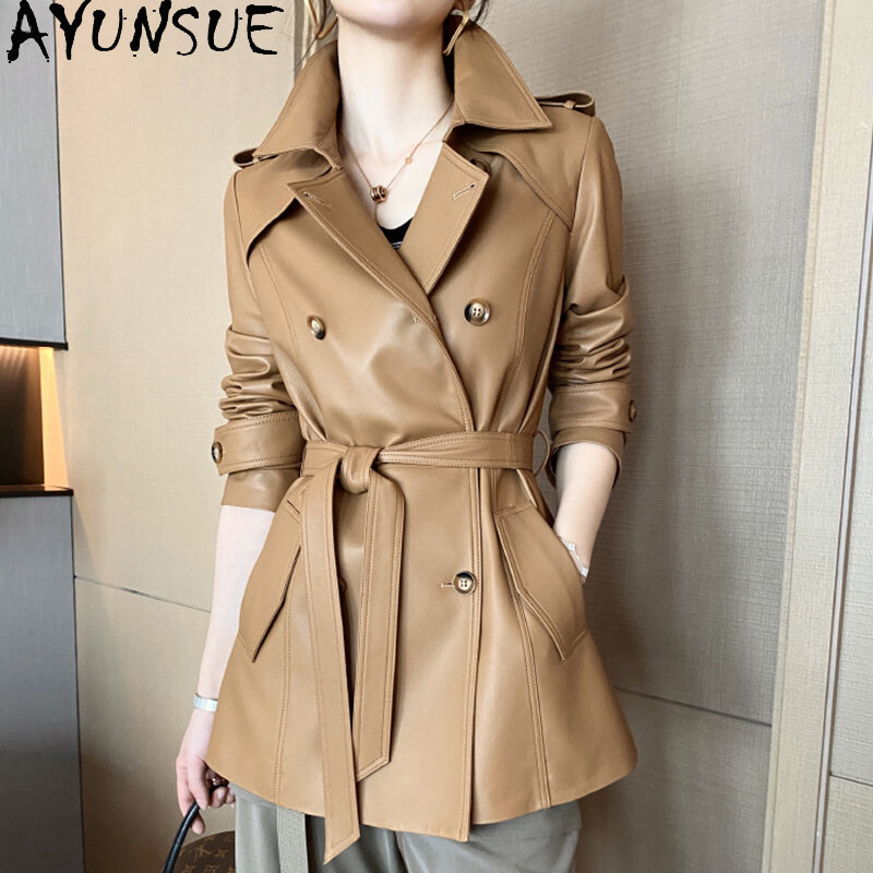 AYUNSUE-Veste en cuir véritable pour femme, manteau en peau de mouton, double boutonnage, ceinture, fermeture à la taille, longueur moyenne, mode hivernale
