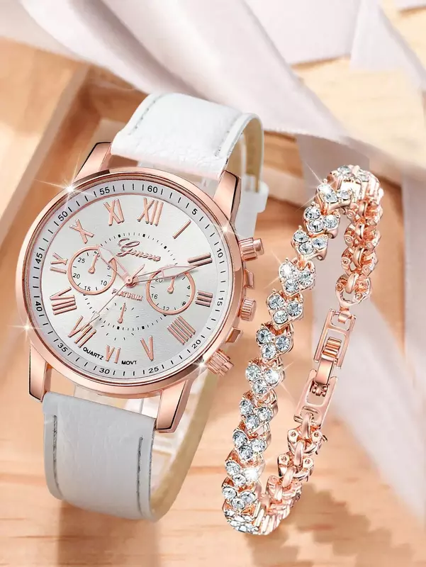Relógio Quartz de couro PU para mulheres, 1 pulseira de amor elegante e moderno, adequado para decoração diária