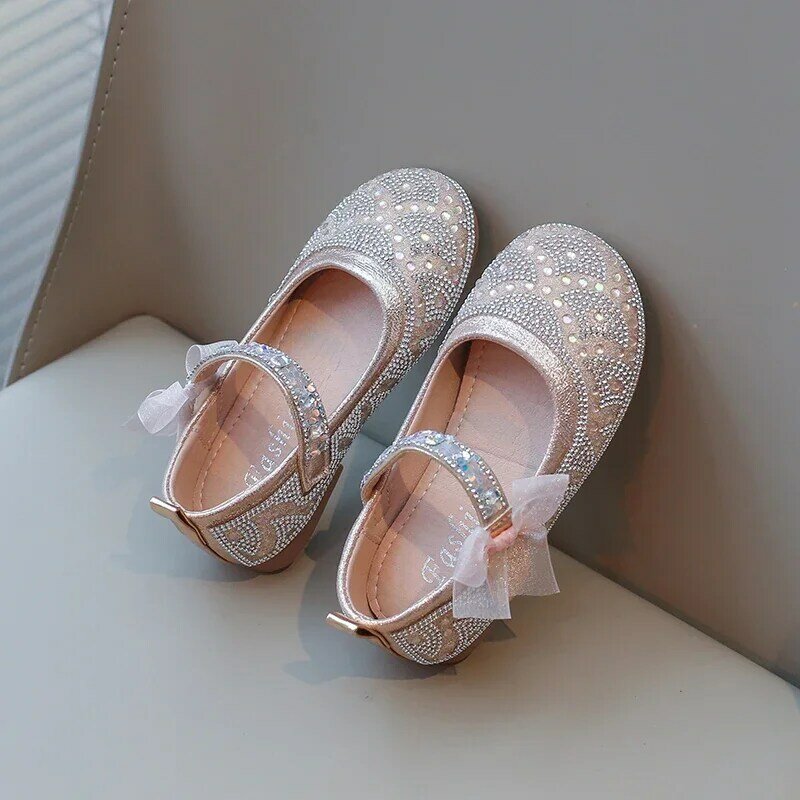 Girls Casual Shoes Kids Princess Flats for Wedding Party Flower Girl Dress Shoes Rhinestone with Bow-knot Sweet Soft 2024 Spring