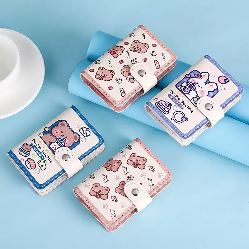 Kawaii-Bear 카드 홀더 귀여운 멀티 그리드 비즈니스 ID 신용 은행 카드 케이스, 포토 카드 홀더 휴대용 지갑 한국어 문구