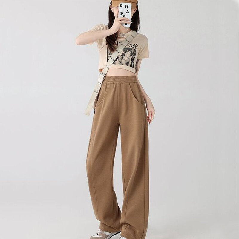 Spring Fashion New Korean Versatile Loose Casual Sports Pants Women's Solid Elastic High Waist Pocket Straight Wide Leg Trousers