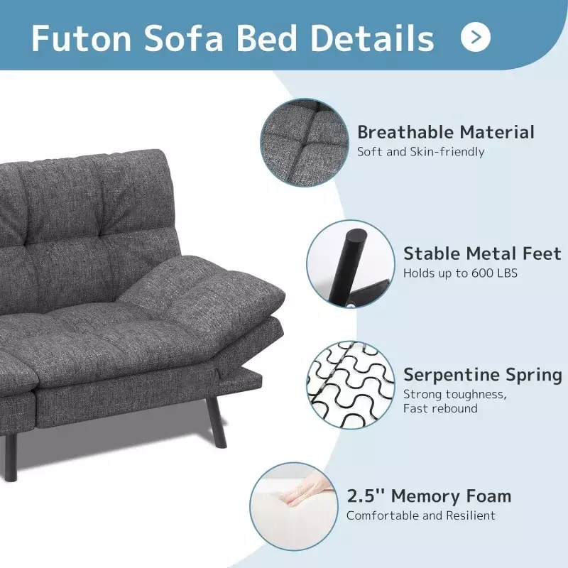 Rozkładana Sofa Futon, z pianki Memory rozkładana kanapa rozkładana Loveseat leżanka z regulowanymi podłokietnikami dla mała przestrzeń, Studio,