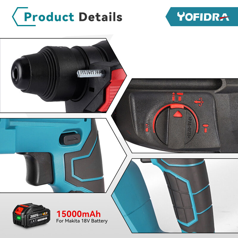 Yofidra 26MM Brushless Electric Hammer Drill Multifunctional Rotary Cordless Rechargeable Power Tools For Makita 18V Battery