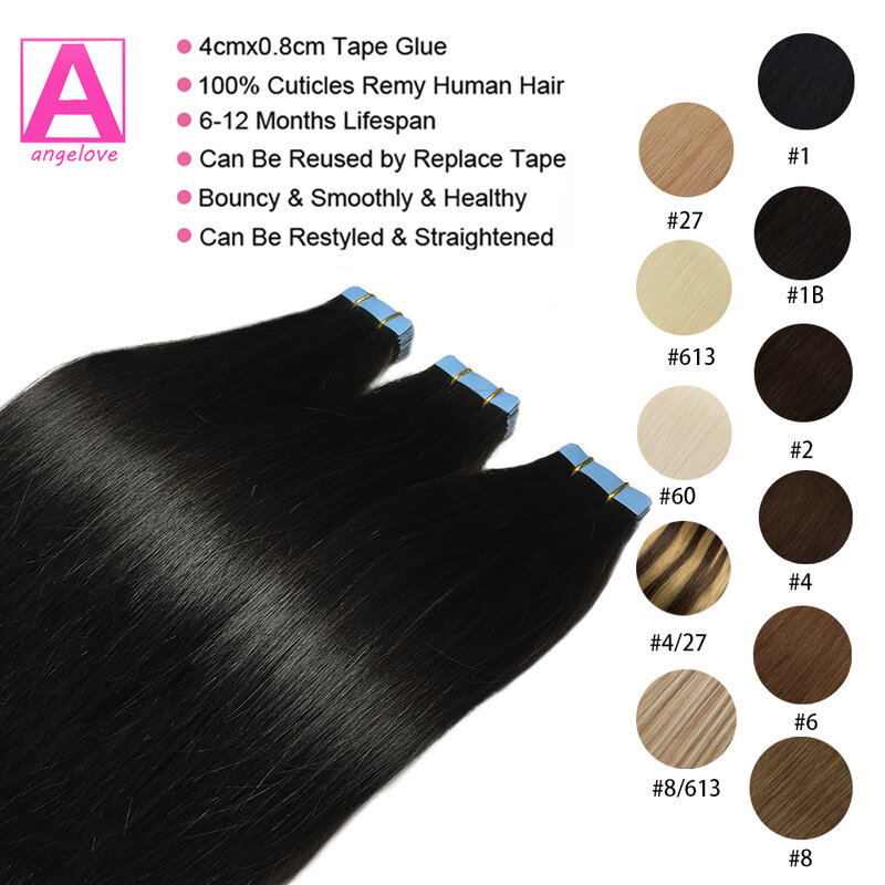 Extensions de Cheveux Humains Naturels Lisses 1B 100% Remy, Trame de Peau, Colle Adhésive, pour Salon, Haute Qualité