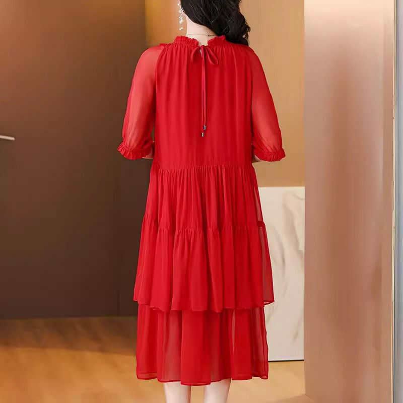 2024 New Summer Dress Silk Red A-Line Slimming Elegance High End Fashion Short Sleeve Evening Dress For Women Vestidos K831