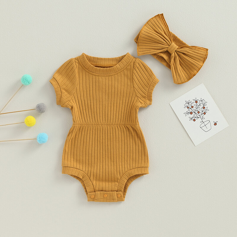 Macacão de malha com nervuras com bandana, macacão manga curta, bodysuit cor sólida, roupas de bebê menina, roupa de verão