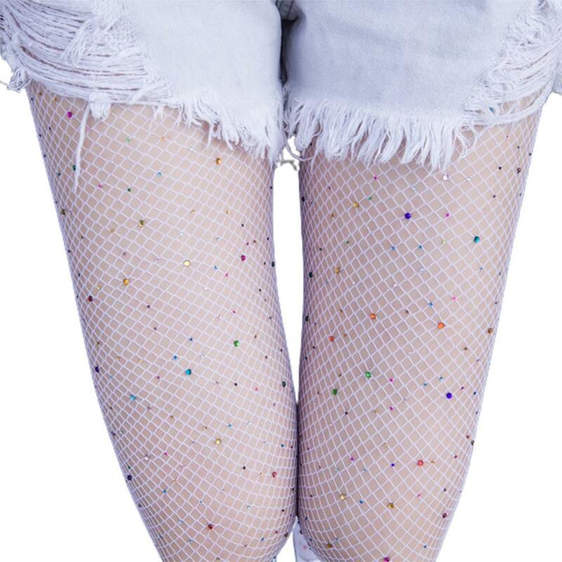 Fina fibra acrílica arrastão calças justas, sexy meia-calça, strass lantejoulas, recorte, boate, bar, verão