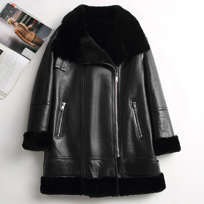 Chaqueta de piel de oveja con cremallera para mujer, abrigo cálido para motocicleta, invierno, 2023, MH3892L
