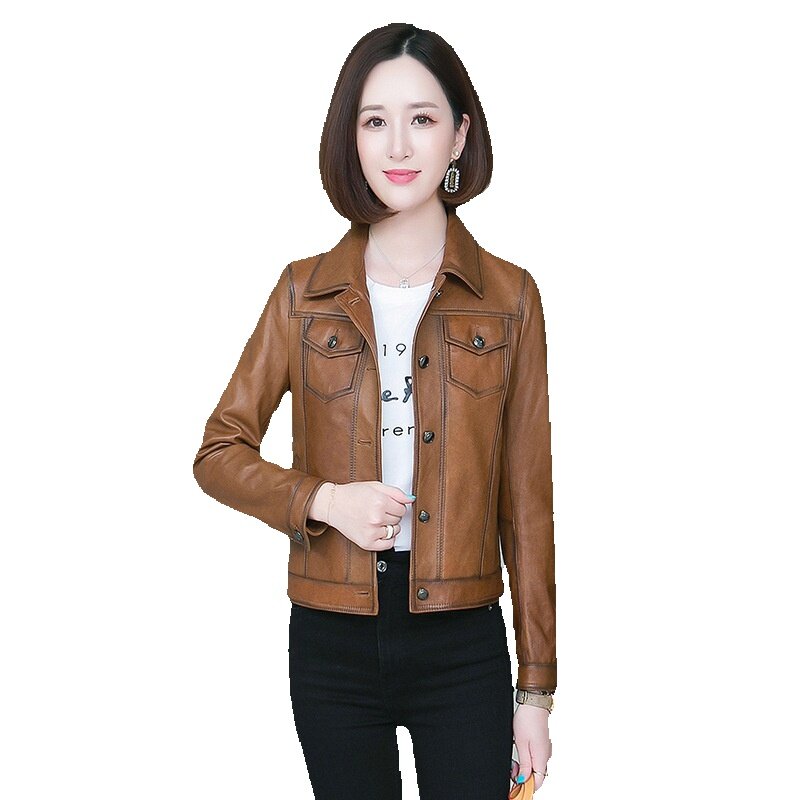Jaqueta de couro genuíno feminina, jaqueta de couro de ovelha motocicleta, versão coreana, nova, sazonal, primavera