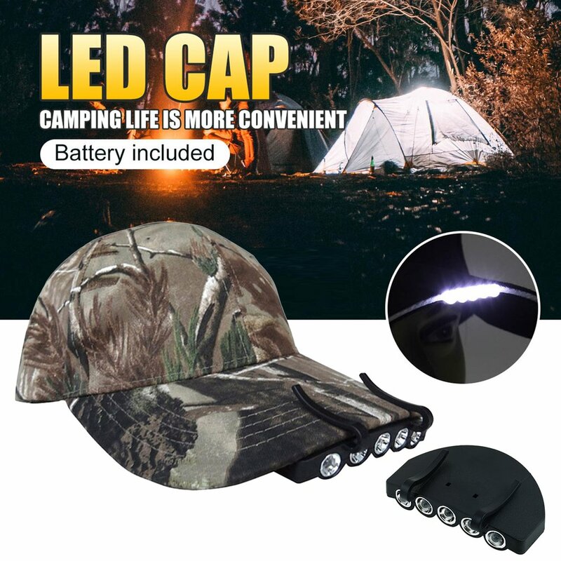 Lâmpada principal prático para pesca noturna, Hot Clip Cap Light, Hat Lamp, Camping, 5 LED, Hot