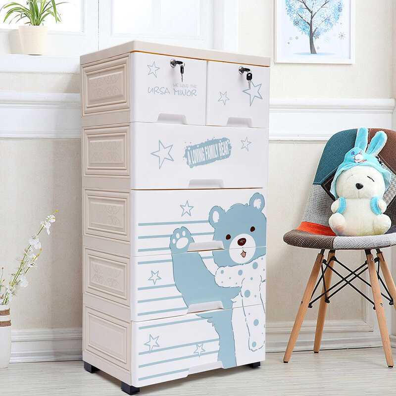 Penata lemari plastik mainan boneka kabinet penyimpanan lantai beruang kutub lemari buku anak kamar tidur furnitur dengan 6 laci