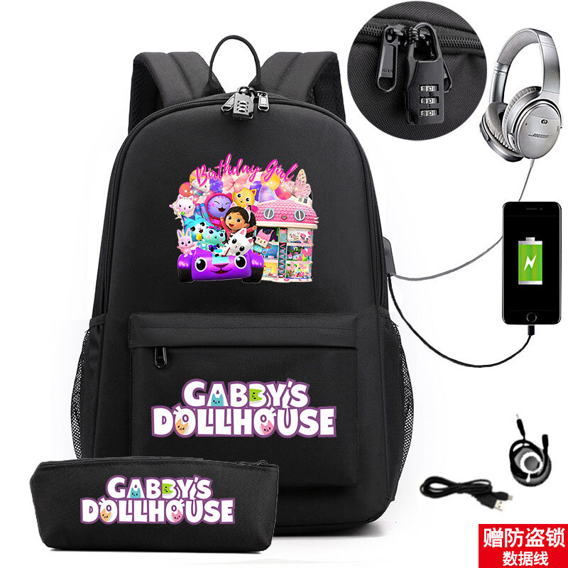 Школьная сумка Gabby's Dollhouse для подростков, рюкзак с мультяшным принтом для улицы, путешествий, удобная сумка с USB-разъемом