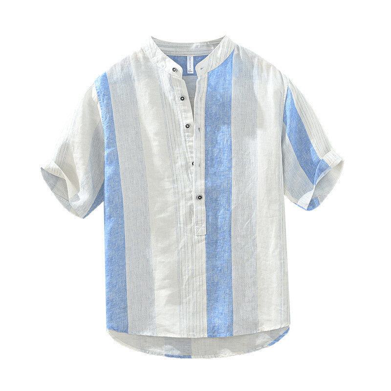 1257 100% Linen Premium Shirt Men Summer Fashion Striped Half Sleeve Henrry Collar Thin Blouse Teens Soft Cozy Daily Casual Tops