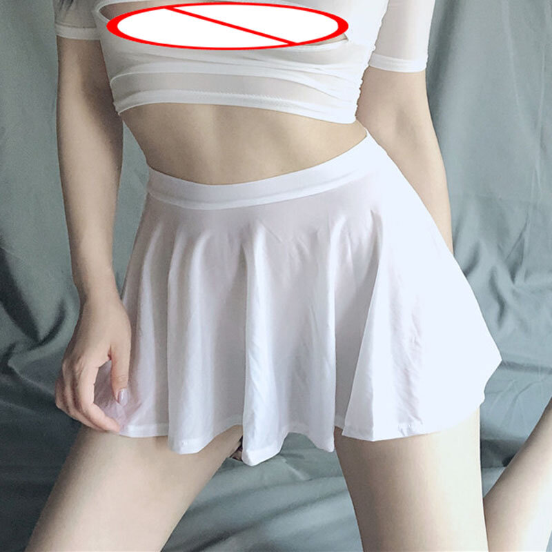 Micro Mini lodowy jedwab spódnica Clubwear Sexy Sheer przepuszczalność spódnice kobiety linia plisowana spódnica niski wzrost talia spódnica z falbankami Top