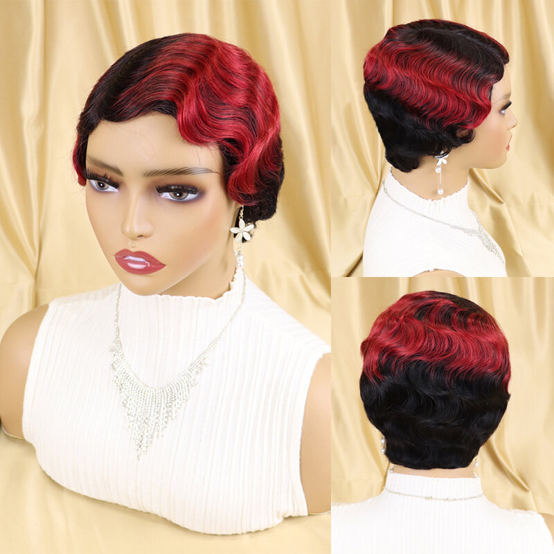 Wig Gelombang Jari Pendek Wig Rambut Manusia Brasil untuk Wanita Kulit Hitam Wig Gelombang Laut Pendek Pirang Coklat Wig Potong Pixie Merah Anggur