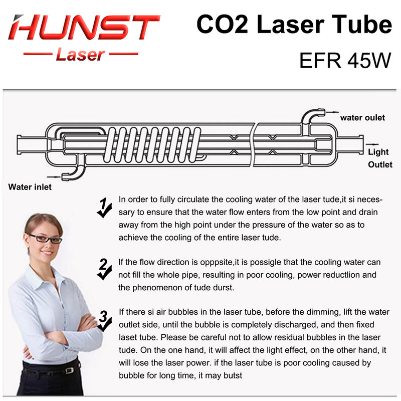 Hunst-CO2 Tubo Laser para Máquina De Corte De Gravura, Lâmpada De Vidro, EFR, 45W, Diâmetro 50mm, Comprimento 800mm