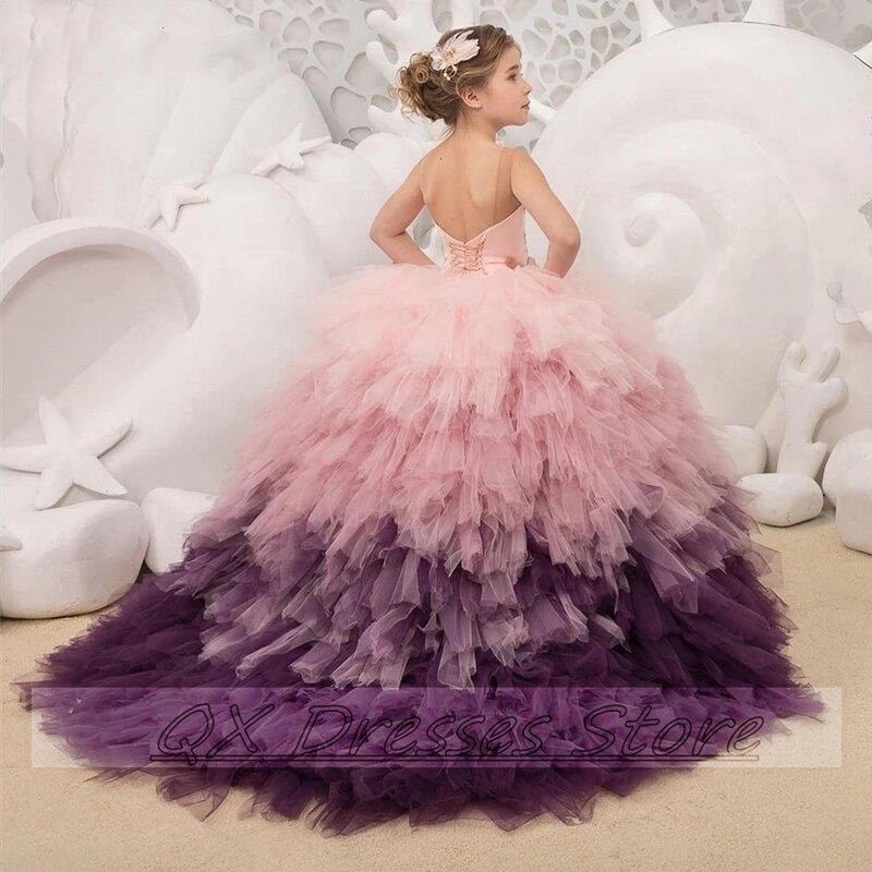 Abito da ballo con volant abiti da ragazza di fiore 2022 abito da spettacolo per bambini con applicazioni in pizzo rosa con perline da sposa per bambini
