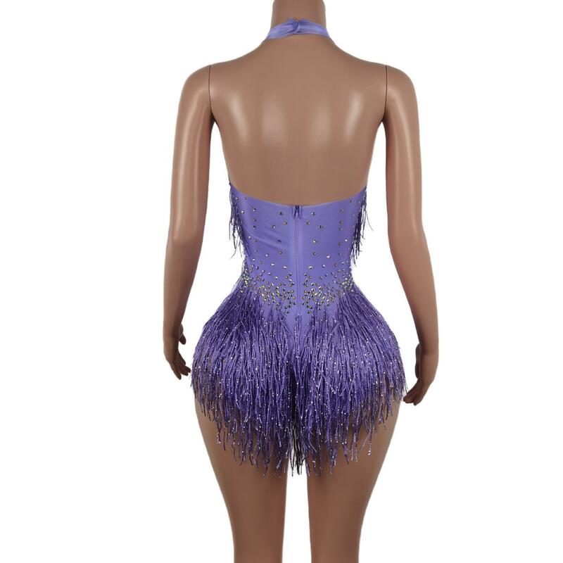 Baru 2023 payet rumbai ungu Leotard seksi rumbai Bodysuit Latin tiang tari kostum panggung pesta klub penari kinerja Liusu