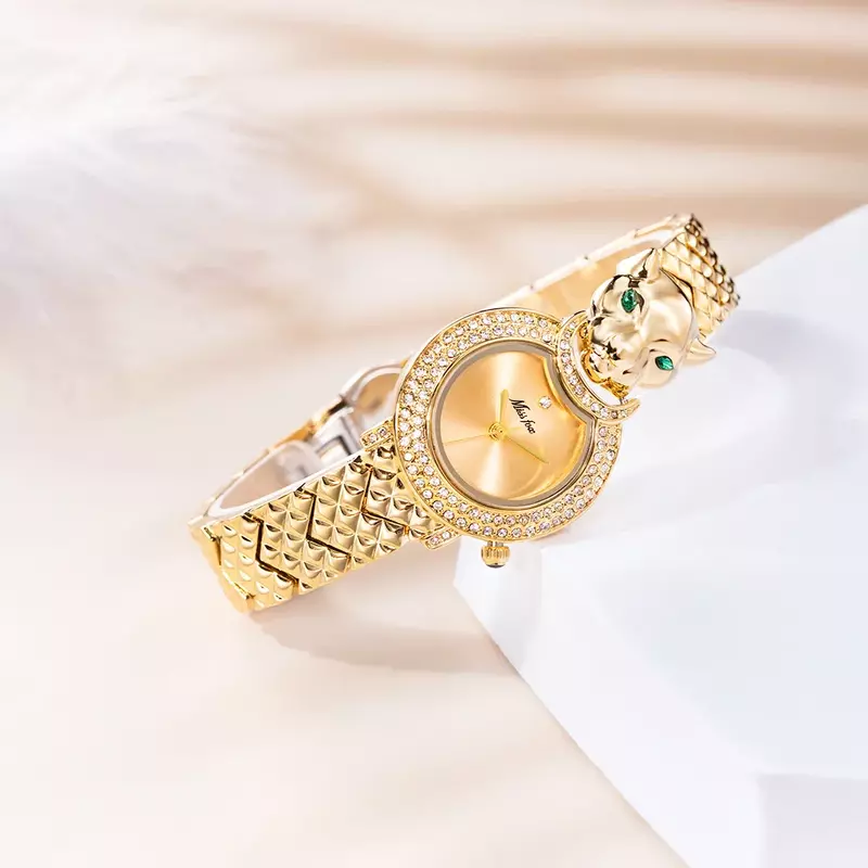 Luxus Leopard 18K Gold Überzogene Uhr für Frauen Elegante Frauen Quarzuhr Bling Iced Out Diamant Damen Uhr Relogio feminino