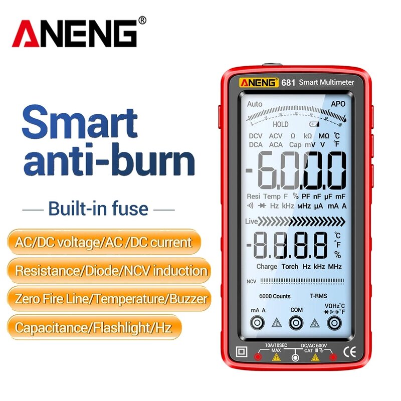 Aneng 681 Pro 6000 카운트 충전식 디지털 스마트 멀티미터, 비접촉 전압 AC/DC 전압 계량기, LCD 화면 전류 테스터