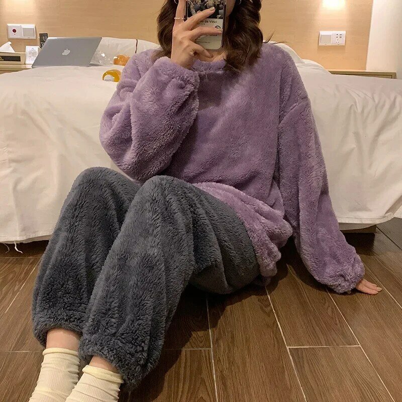Women's Pajama Set Winter Fleece Solid O Neck Ladies Sleepwear 2 Pieces with Pant Flannel Warm Thick Pijama Suit for Female