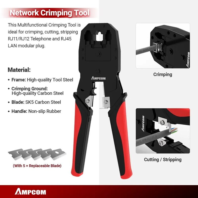 Ampcom rj45 crimper lan tester werkzeugs atz ethernet kabel ab streifer stanz werkzeug rj 45 rj11 stecker 12 in 1 verkabelung reparatur set