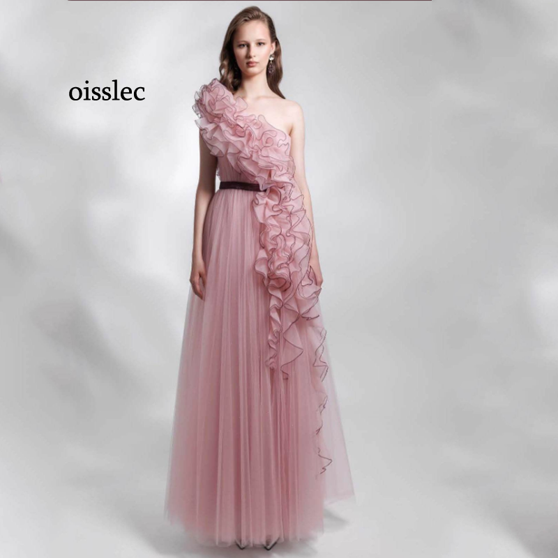 Oisslec-フリル付きのイブニングドレス,地面の長さのドレス,カスタムチュール,ラインA,床の長さ,プロム,セレブのパーティー