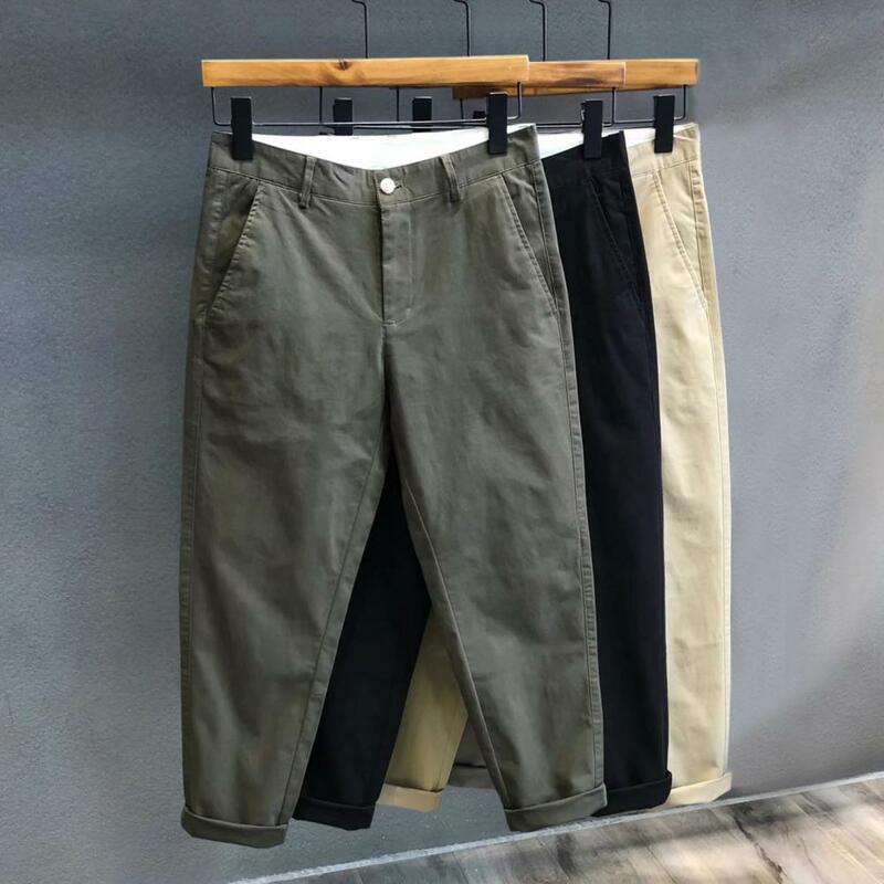Casualowe spodnie stylowe męskie Slim Fit dziewiąte spodnie z średnio wysoka talia jednolitym kolorem oddychająca tkanina modna Streetwear na kostkę