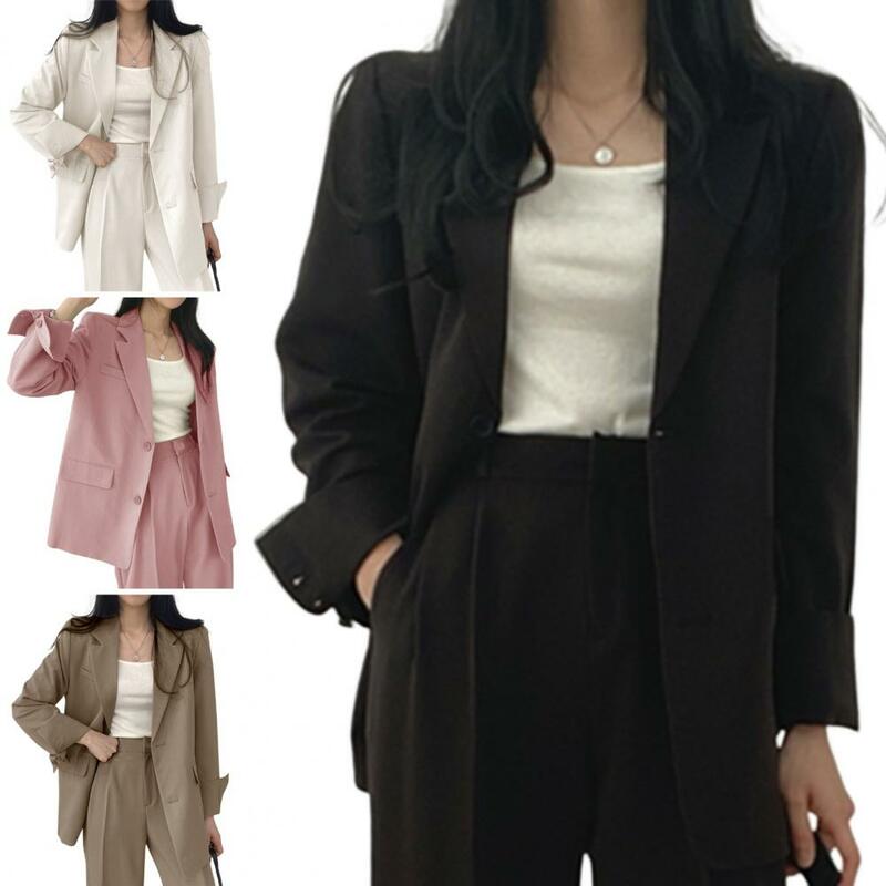 Loose Fit Chic Women's Workwear Loose Fit Lapel with Flap Pockets for Spring Autumn Seasons Solid Color