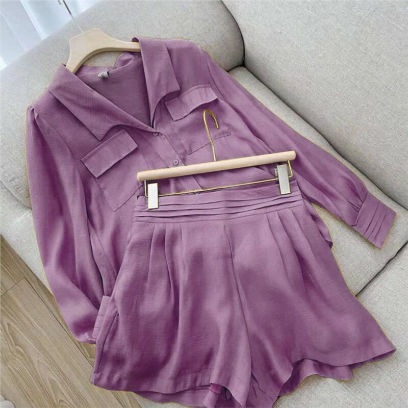 Summer Thin Short Sets Women Shirts Two Piece Sets Loose Long Sleeve Casual Office Pocket Clothing  Solid Color 2 Pieces Set