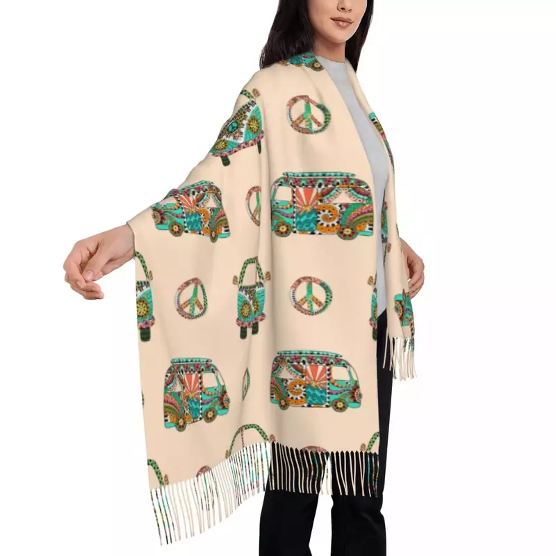 Syal tanpa batas musim dingin hangat wanita, syal selimut warna polos Set Bus Kemah Hippie warna-warni dan simbol perdamaian Wanita