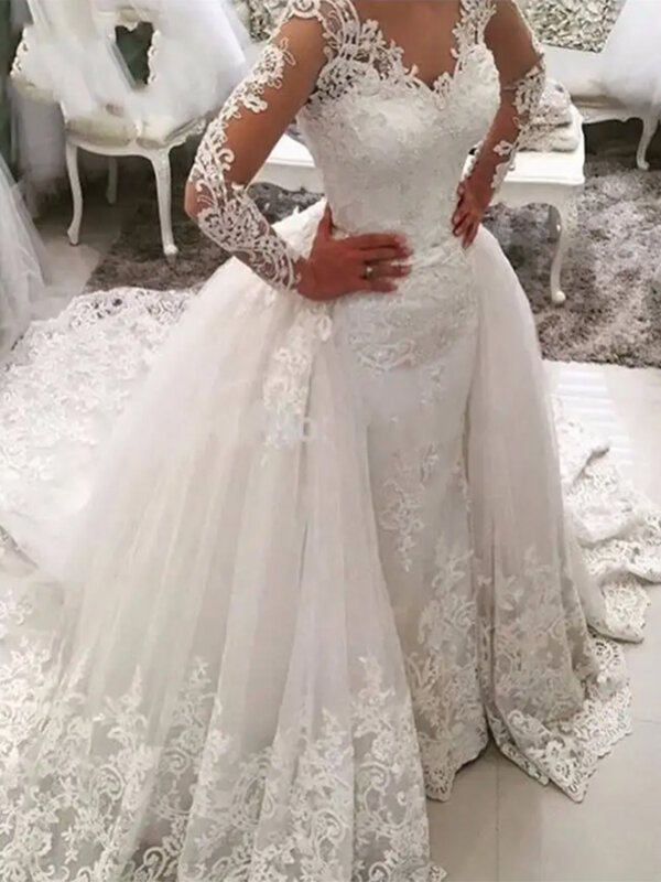 Vestido de noiva sereia branca luxuoso, 2 em 1, Apliques de renda destacáveis, Vestido de noiva manga longa Arábia Saudita