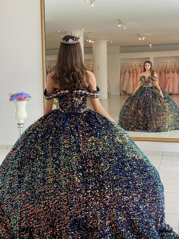 Puffy Princess Quinceanera Dresses Ball Gown Off The Shouler Sequins Beaded Sweet 16 Dresses 15 Años Custom
