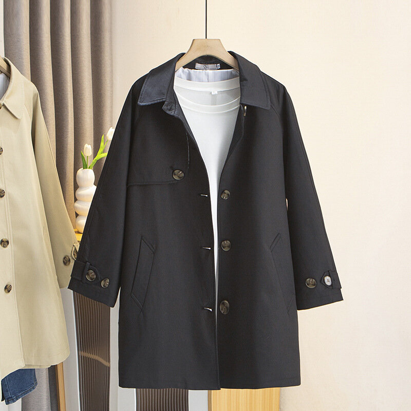 Trench coat feminino de peito único, roupa de algodão lavada solta, estilo britânico, plus size, monocromático, moda curva, outono, 2023