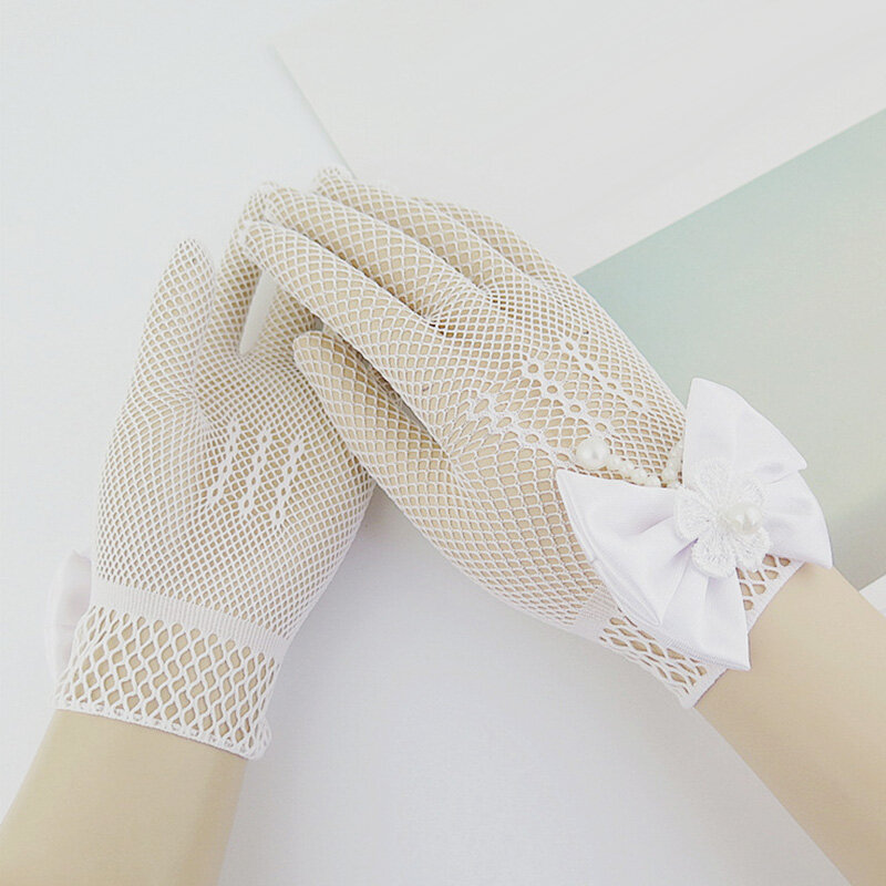 Kids Party Lace Pearl Fishnet Gloves Communion Flower Girl Party Gloves Children's Glove High Elasticity Mesh Bow Gloves