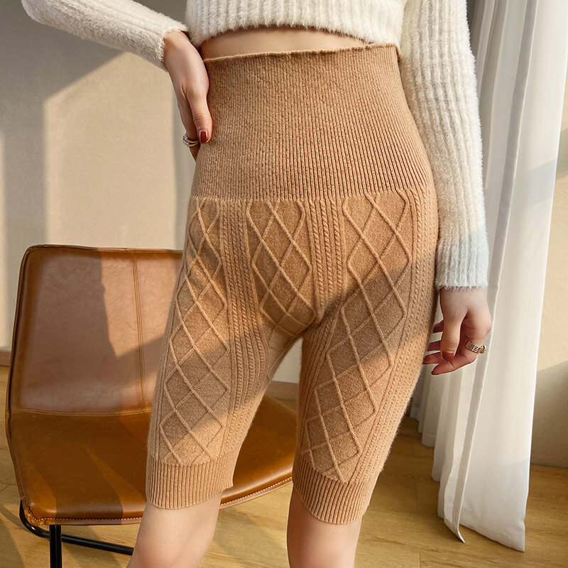 Женские кашемировые брюки с высокой талией и защитой живота, теплые трикотажные шорты из 100% шерсти
