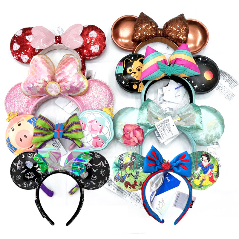 2023 asli Disney Mickey Ears Headband Disneyland kulit Minnie Headband untuk anak-anak dan dewasa mewah Hairband dengan payet busur