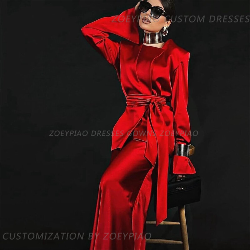 2024 Czerwone satynowe suknie wieczorowe o kroju syreny Tren w stylu sądowym Formalne specjalne okazje Celebrity O Neck Pełne rękawy Vestidos De Fiesta