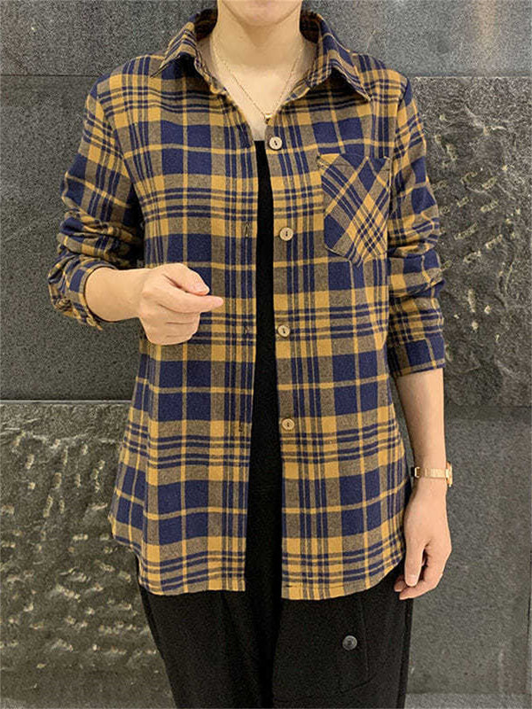 5XL Large Size Women Spring Summer Blouses Shirts Lady Fashion Casual Long Sleeves Turn-down Plaid Stripes Blusas Tops WY0362