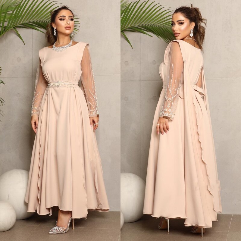 Prom Dress Saudi Arabia Jersey Pearl Sash Evening A-line O-Neck Bespoke Occasion Gown Midi Dresses