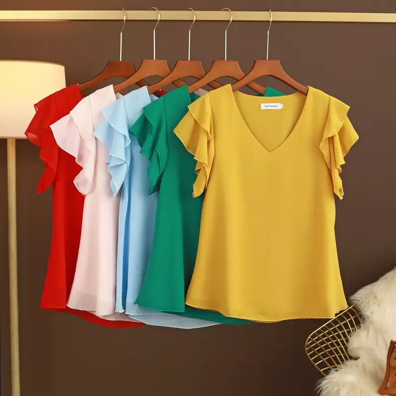 Modne szyfonowe bluzki damskie w stylu casual, letnia koszulka z krótkim rękawem, dekolt w serek luźna bluzka kobieta Top damski Oversize blusas mujer de moda 2022
