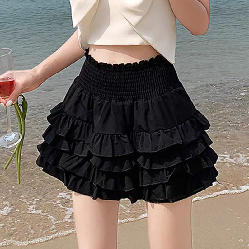 Short Skirt Cake Skirt Hip-covering Skirt Casual High Waist Puffy Ruffle Solid Color Womens Daily Comfy Female