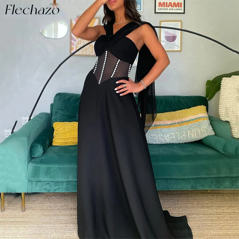 Flechazo-Robe de soirée noire pour femme, tenue de soirée simple, coupe trapèze, avec perles, 2024