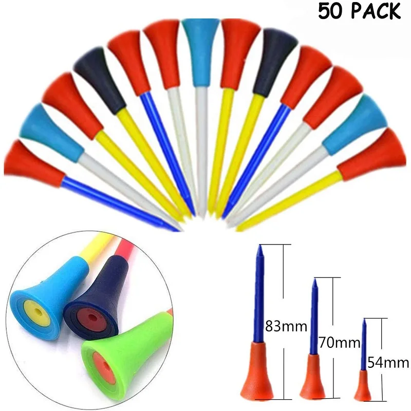 Várias cores de borracha Golf Tees, plástico durável Pegs, Golf Acessório, 56mm, 72mm, 83mm, 50 Pcs