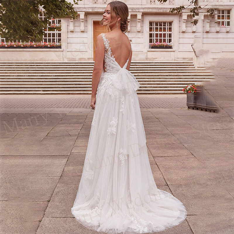 Женское свадебное платье с кружевной аппликацией, открытой спиной и V-образным вырезом