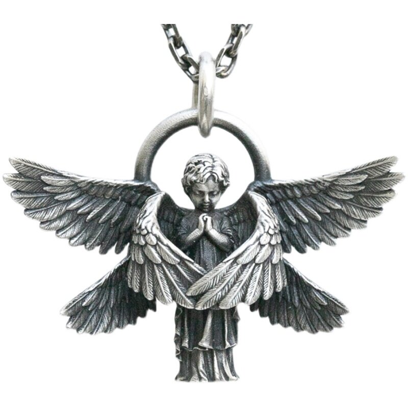 Classic Angel Wings Pendant Necklace Handmade Seraphim Pray Pendant Long Chain Neck for Men Women Jewelry Anniversary Gifts