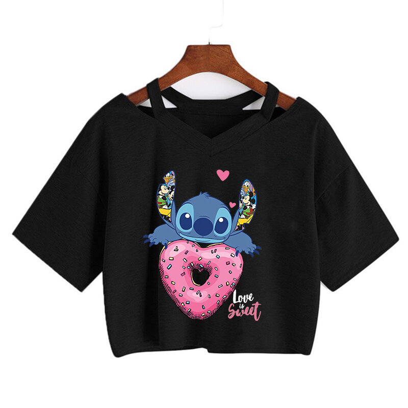Y2k Disney Kawaii Lilo Stitch Kaus Kartun Lucu Kaus Manga Jahit Wanita Kaus Grafis Streetwear Kaus Atasan Crop Perempuan