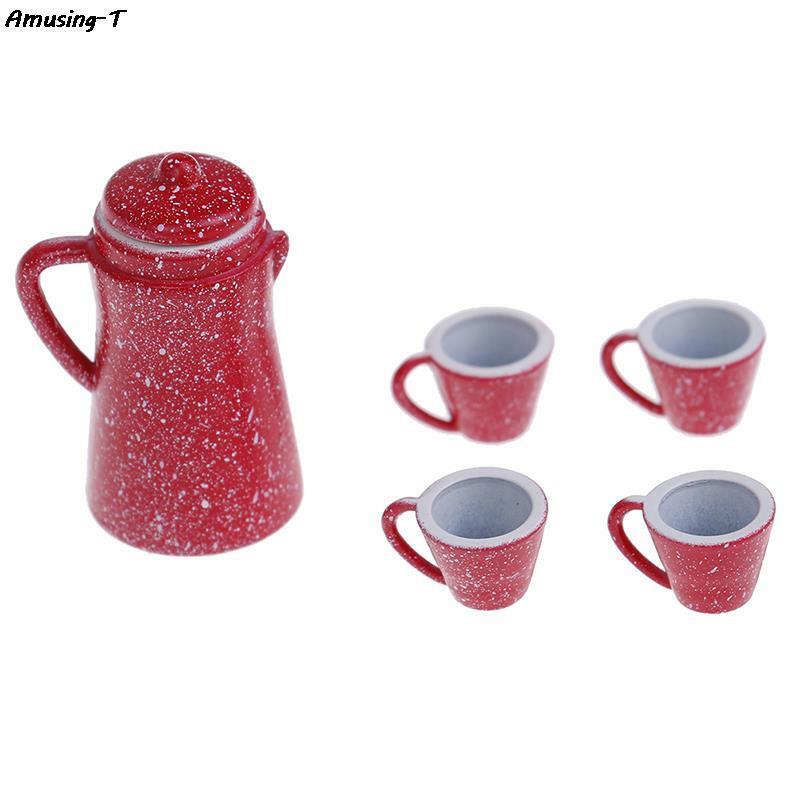 1/12 Coffee Tea Lid Pot Dollhouse Miniature Porcelain Kettle Cups Set Pretend Play Best Gift Girl Doll Kitchen Classic Toy